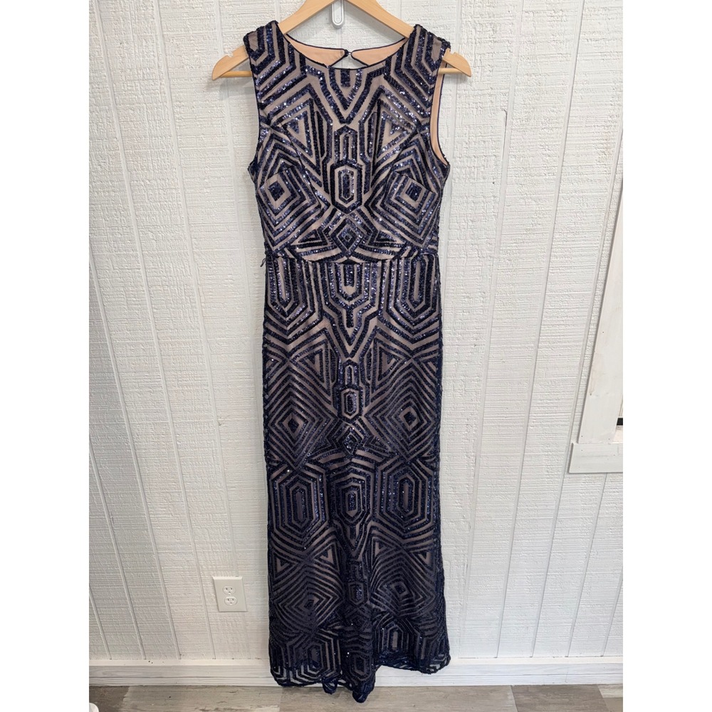 Vince Camuto Sequin Gown Women Navy Blue Art Deco Open Back Maxi Dress 4